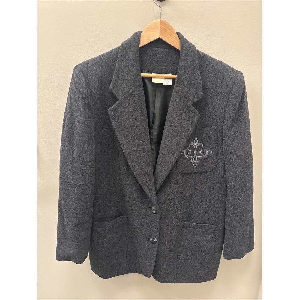 Vtg 90s Amanda Fielding Women's Wool Cashmere Blazer Size 14 Gray Emblem Pocket